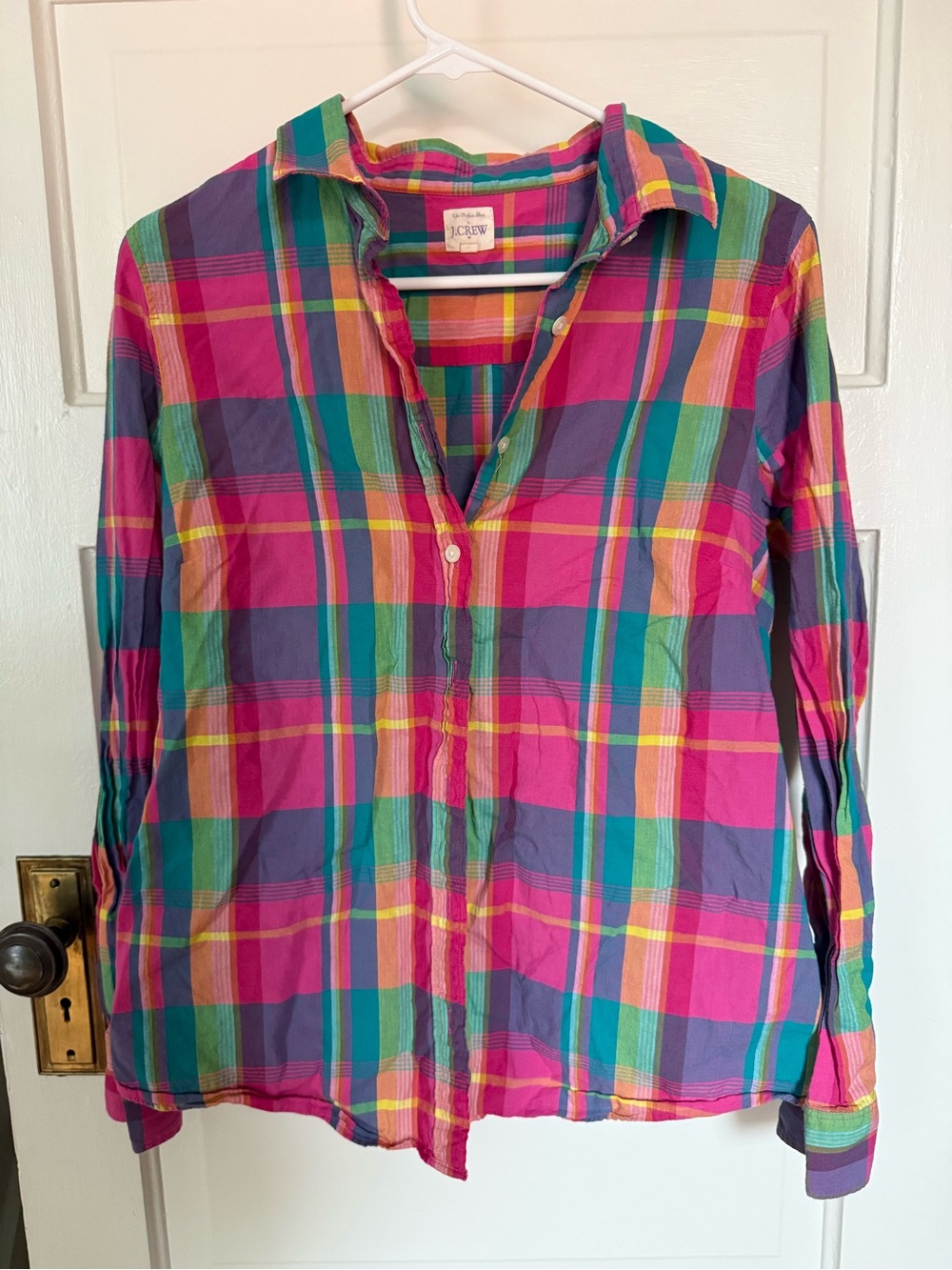 J. Crew Multicolor Plaid Button-Up Shirt - Pink, Green, Purple, Yellow Women’s L